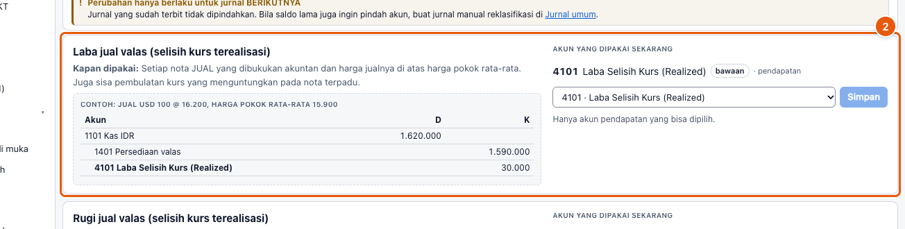 Tangkapan layar "Atur akun jurnal otomatis" — angka bulat di gambar = nomor langkah 2