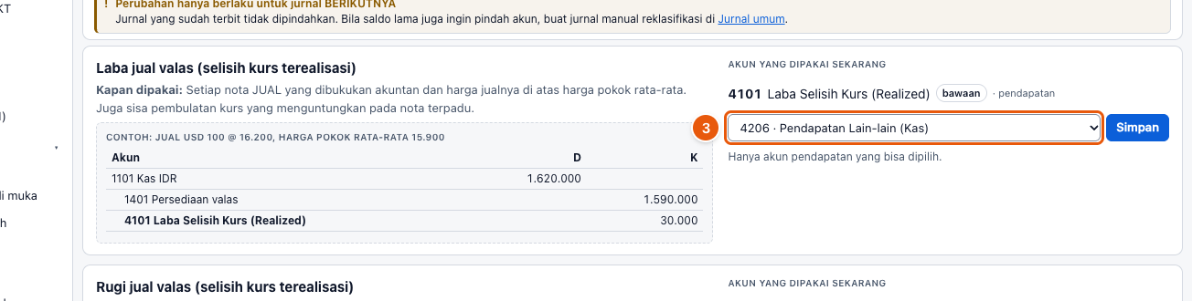 Tangkapan layar "Atur akun jurnal otomatis" — angka bulat di gambar = nomor langkah 3