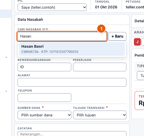 Tangkapan layar "Bayar nota pakai saldo titipan nasabah" — angka bulat di gambar = nomor langkah 1