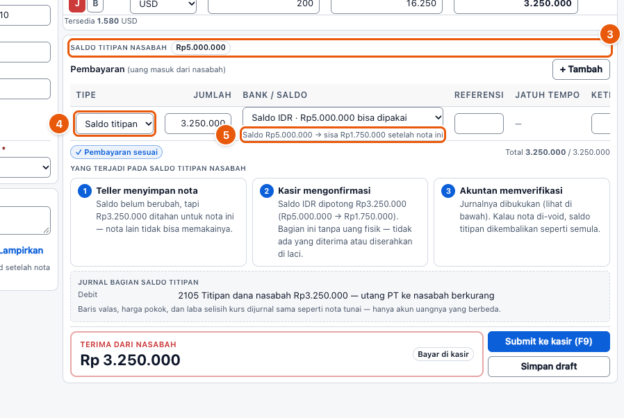 Tangkapan layar "Bayar nota pakai saldo titipan nasabah" — angka bulat di gambar = nomor langkah 3, 4, 5