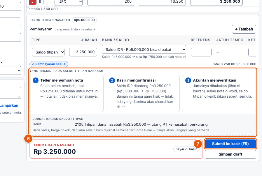 Tangkapan layar "Bayar nota pakai saldo titipan nasabah" — angka bulat di gambar = nomor langkah 6, 7