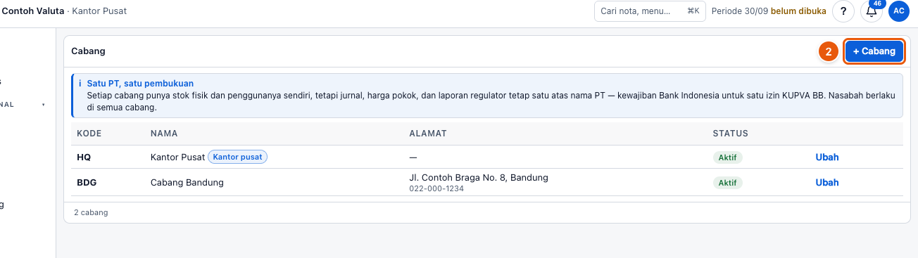 Tangkapan layar "Tambah cabang baru" — angka bulat di gambar = nomor langkah 2