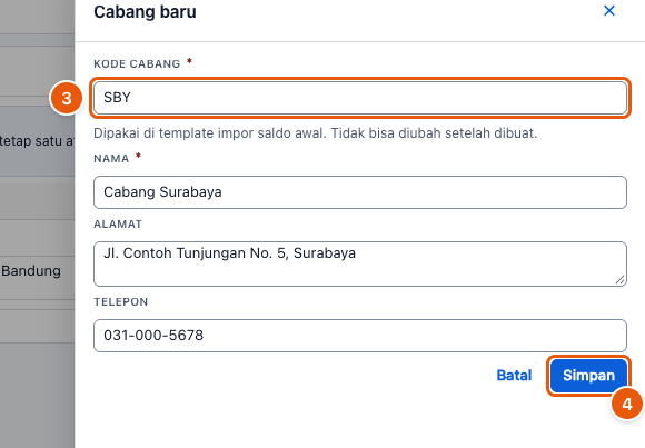 Tangkapan layar "Tambah cabang baru" — angka bulat di gambar = nomor langkah 3, 4