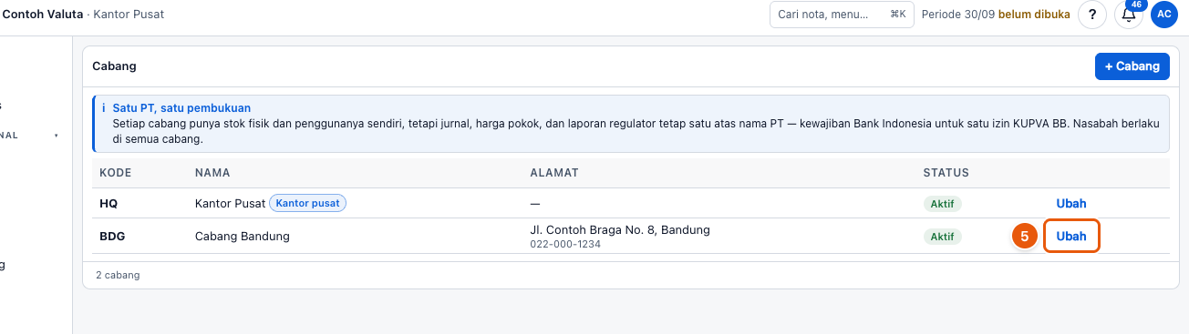 Tangkapan layar "Tambah cabang baru" — angka bulat di gambar = nomor langkah 5