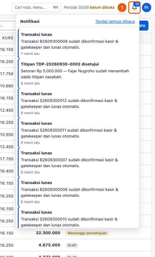 Tangkapan layar "Nota dikembalikan kasir — perbaiki lalu kirim lagi" — angka bulat di gambar = nomor langkah 1
