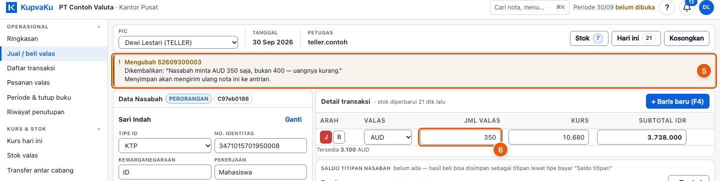 Tangkapan layar "Nota dikembalikan kasir — perbaiki lalu kirim lagi" — angka bulat di gambar = nomor langkah 5, 6