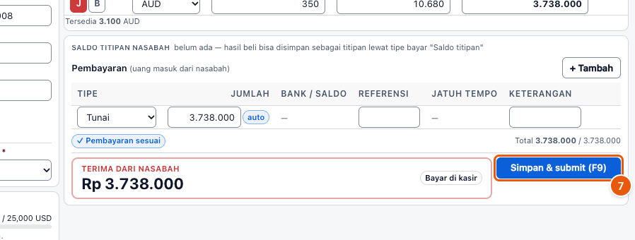 Tangkapan layar "Nota dikembalikan kasir — perbaiki lalu kirim lagi" — angka bulat di gambar = nomor langkah 7