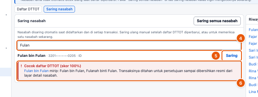 Tangkapan layar "Saring nasabah ke daftar DTTOT" — angka bulat di gambar = nomor langkah 4, 5, 6