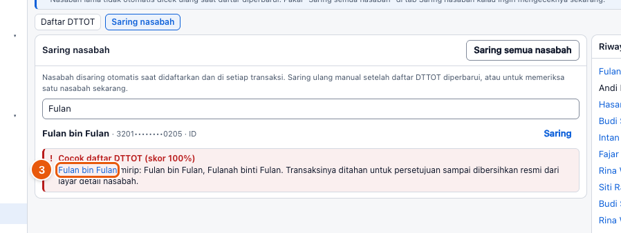 Tangkapan layar "Tindak lanjuti nasabah yang cocok DTTOT" — angka bulat di gambar = nomor langkah 3