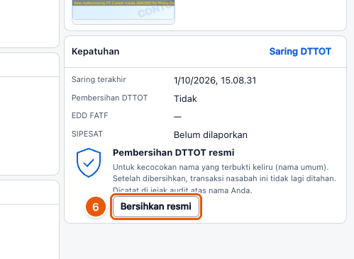 Tangkapan layar "Tindak lanjuti nasabah yang cocok DTTOT" — angka bulat di gambar = nomor langkah 6