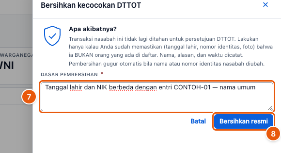 Tangkapan layar "Tindak lanjuti nasabah yang cocok DTTOT" — angka bulat di gambar = nomor langkah 7, 8