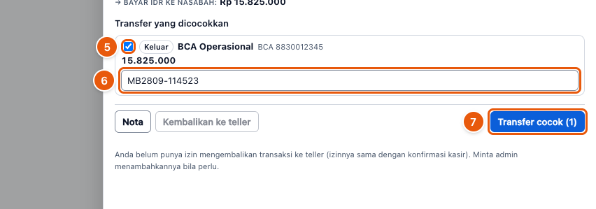 Tangkapan layar "Cocokkan transfer di antrean gatekeeper" — angka bulat di gambar = nomor langkah 5, 6, 7