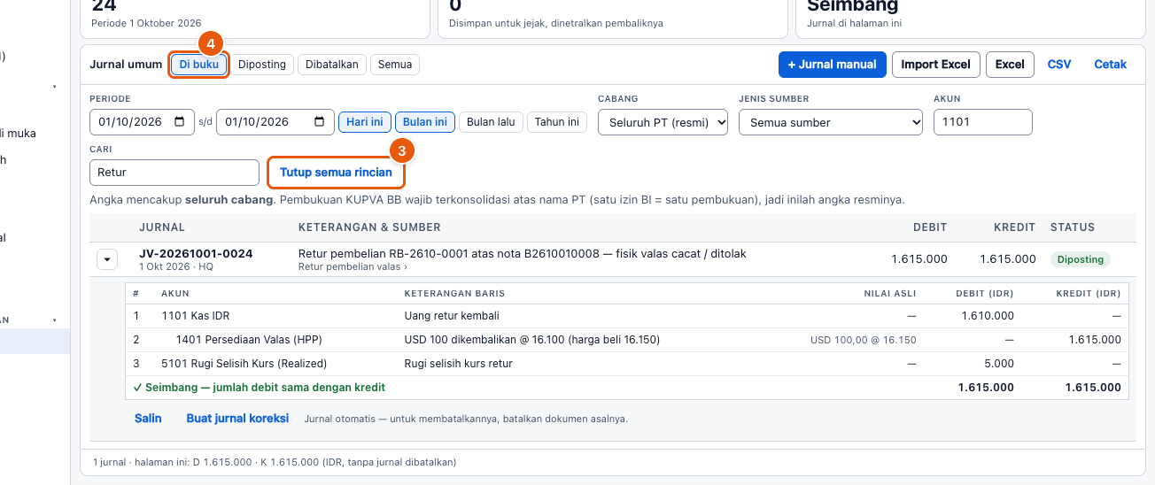 Tangkapan layar "Cari jurnal di jurnal umum" — angka bulat di gambar = nomor langkah 3, 4