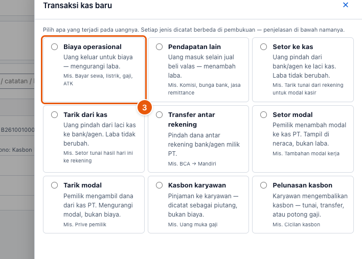 Tangkapan layar "Catat pengeluaran atau pemasukan kas" — angka bulat di gambar = nomor langkah 3