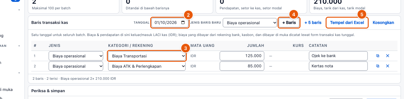 Tangkapan layar "Catat banyak biaya sekaligus (kas massal)" — angka bulat di gambar = nomor langkah 2, 3, 4, 5