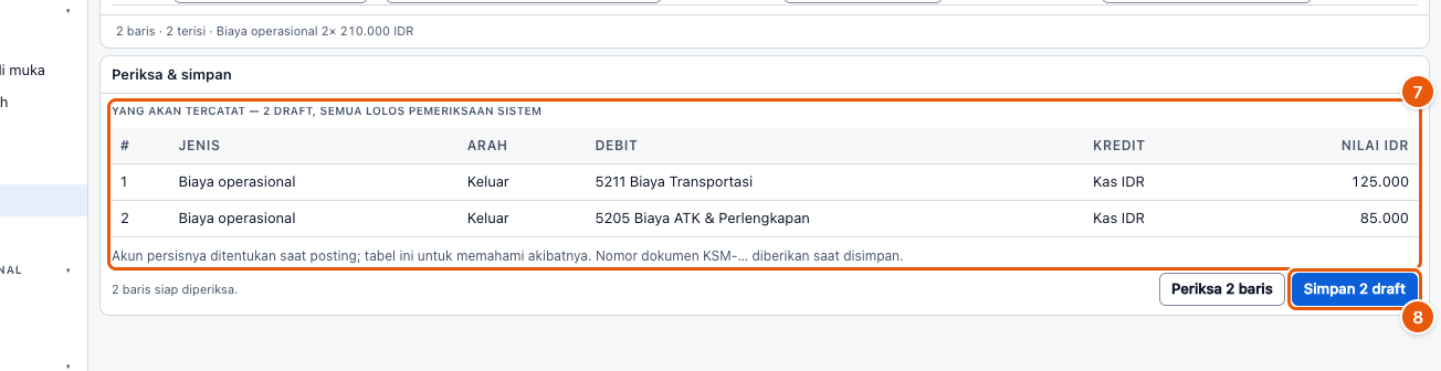 Tangkapan layar "Catat banyak biaya sekaligus (kas massal)" — angka bulat di gambar = nomor langkah 7, 8