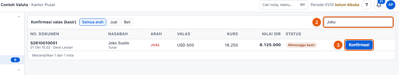 Tangkapan layar "Konfirmasi nota jual — terima rupiah, serahkan valas" — angka bulat di gambar = nomor langkah 2, 3