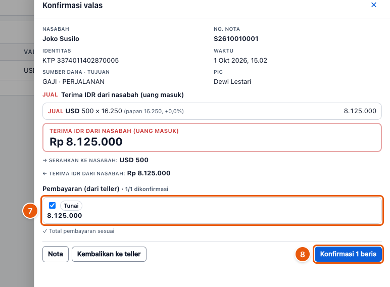 Tangkapan layar "Konfirmasi nota jual — terima rupiah, serahkan valas" — angka bulat di gambar = nomor langkah 7, 8