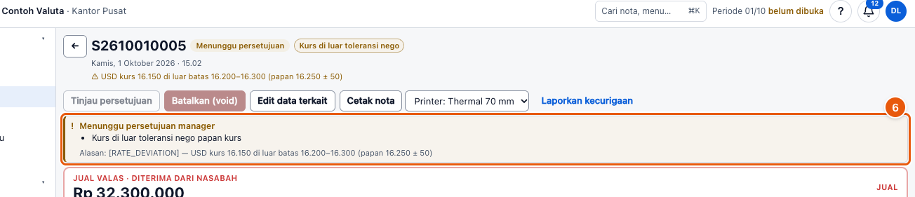 Tangkapan layar "Kurs nego di luar papan — minta persetujuan manager" — angka bulat di gambar = nomor langkah 6