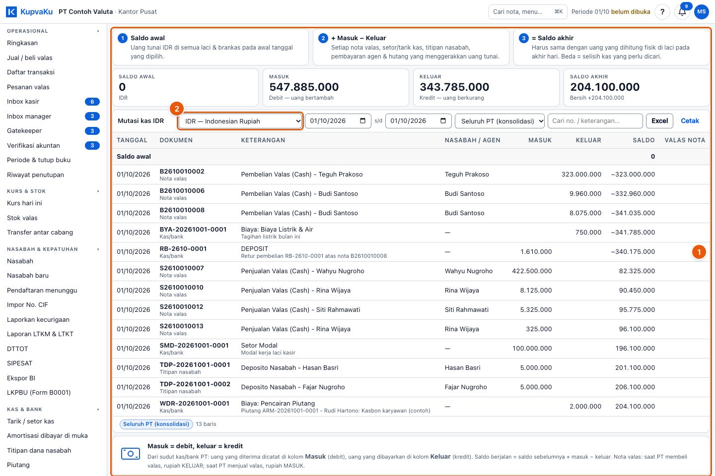 Tangkapan layar "Download atau cetak laporan operasional (mutasi kas/bank, hutang-piutang, transaksi harian)" — angka bulat di gambar = nomor langkah 1, 2