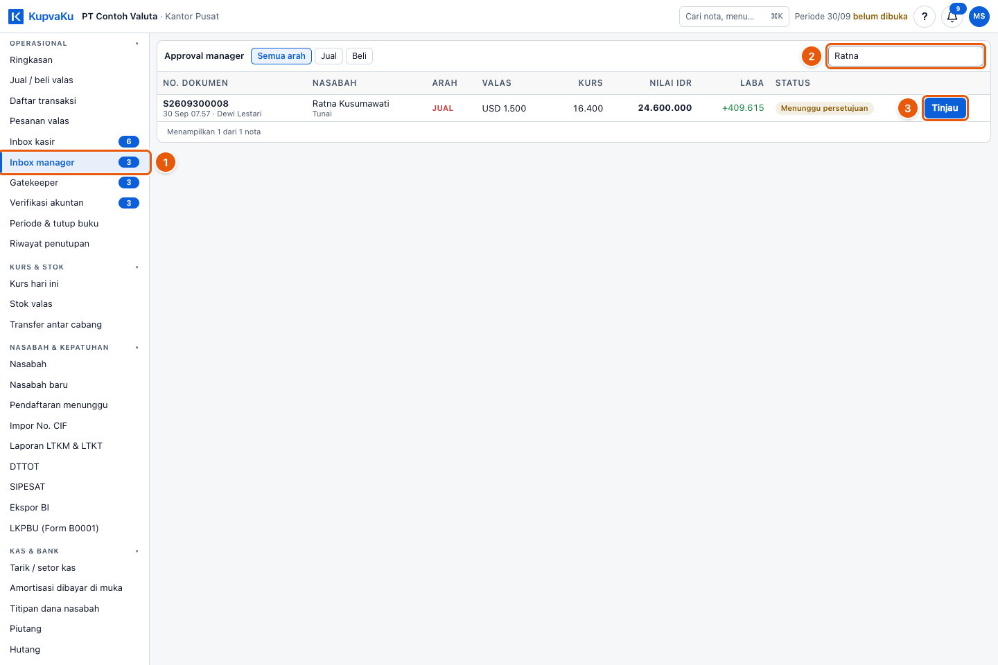 Tangkapan layar "Setujui atau tolak nota di Inbox manager" — angka bulat di gambar = nomor langkah 1, 2, 3
