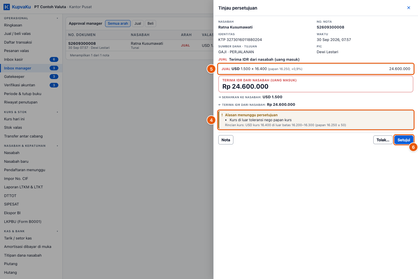 Tangkapan layar "Setujui atau tolak nota di Inbox manager" — angka bulat di gambar = nomor langkah 4, 5, 6