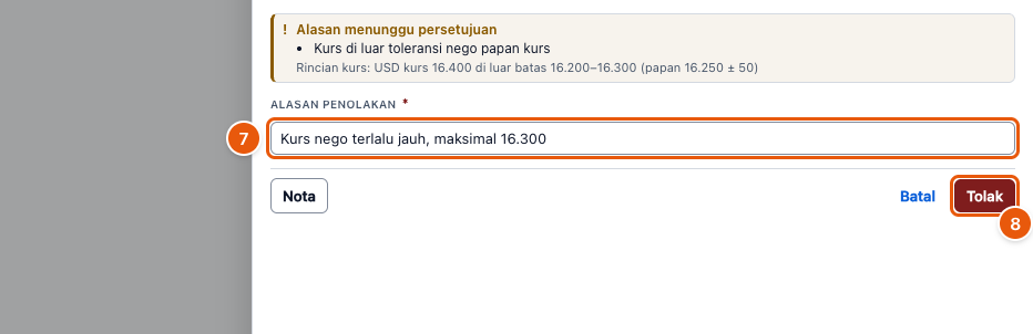 Tangkapan layar "Setujui atau tolak nota di Inbox manager" — angka bulat di gambar = nomor langkah 7, 8