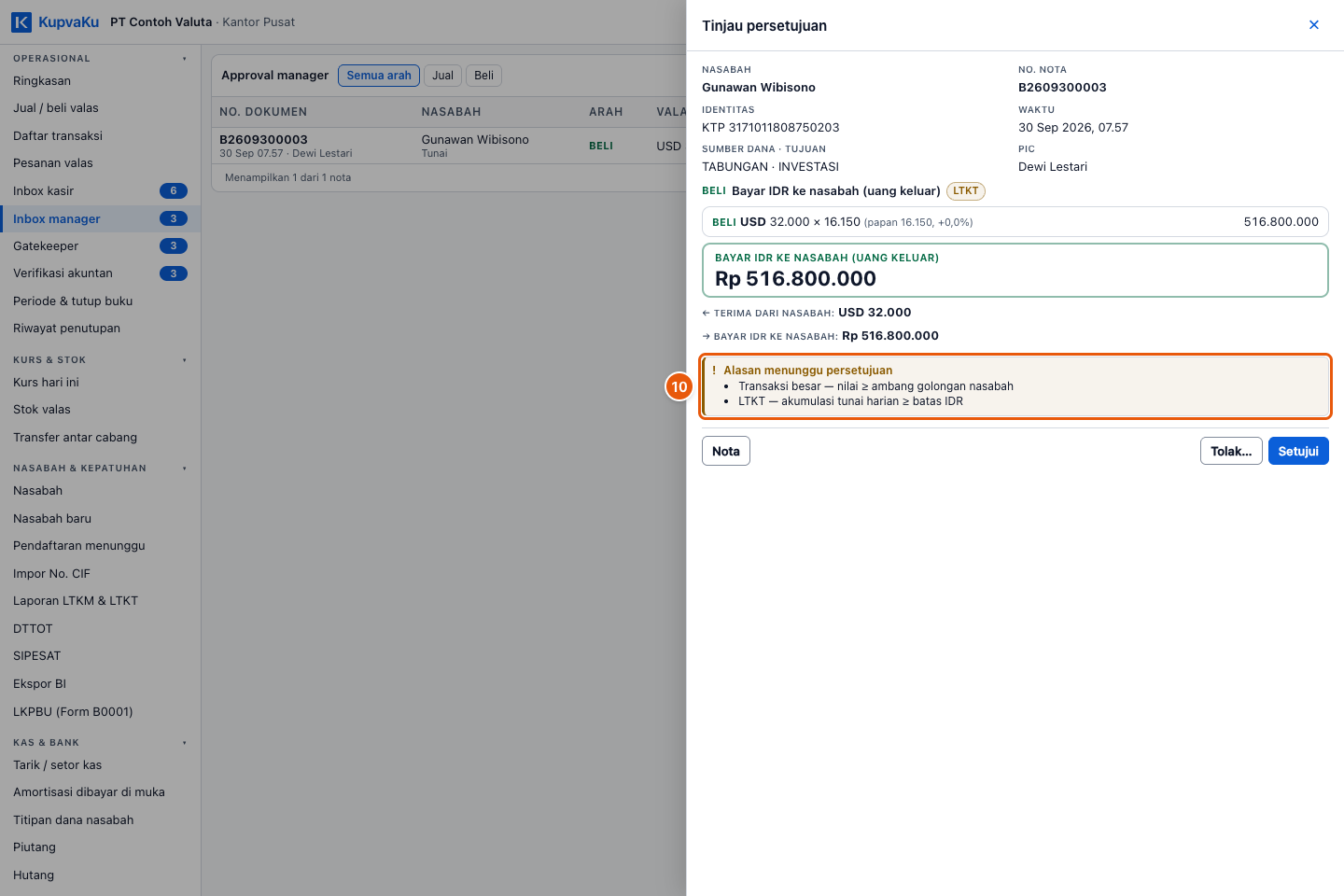 Tangkapan layar "Setujui atau tolak nota di Inbox manager" — angka bulat di gambar = nomor langkah 10