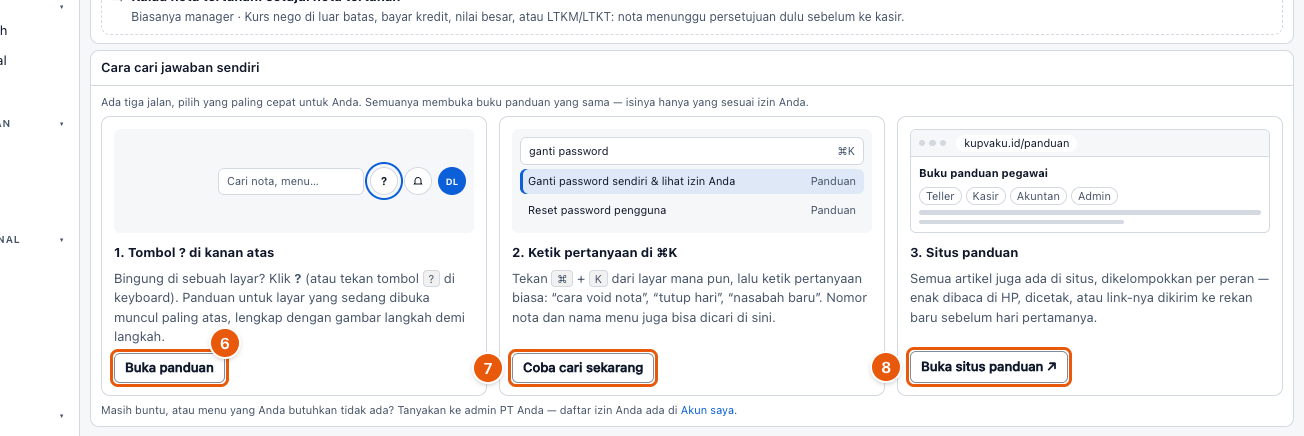 Tangkapan layar "Mulai di sini: pekerjaan Anda & cara cari jawaban sendiri" — angka bulat di gambar = nomor langkah 6, 7, 8