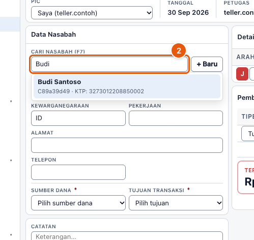 Tangkapan layar "Bikin nota beli valas" — angka bulat di gambar = nomor langkah 2