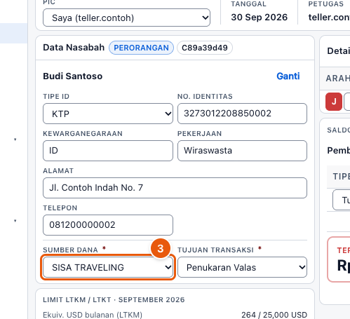 Tangkapan layar "Bikin nota beli valas" — angka bulat di gambar = nomor langkah 3