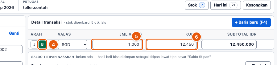 Tangkapan layar "Bikin nota beli valas" — angka bulat di gambar = nomor langkah 4, 5, 6