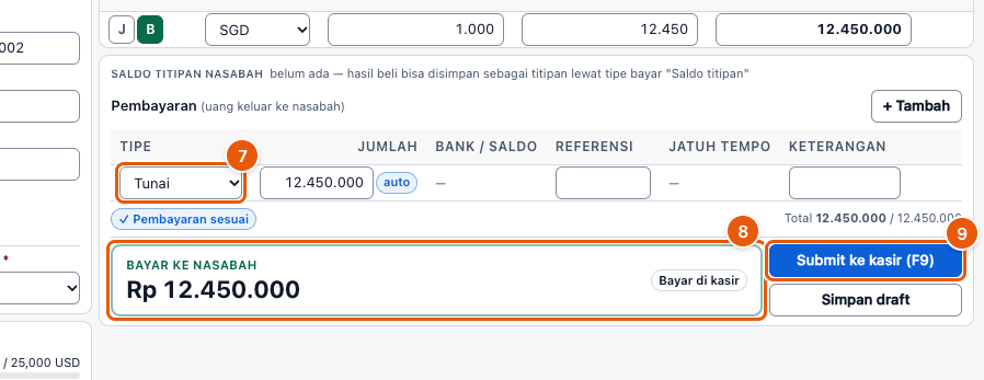 Tangkapan layar "Bikin nota beli valas" — angka bulat di gambar = nomor langkah 7, 8, 9