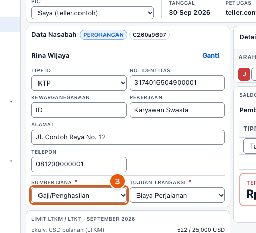 Tangkapan layar "Bikin nota jual valas" — angka bulat di gambar = nomor langkah 3