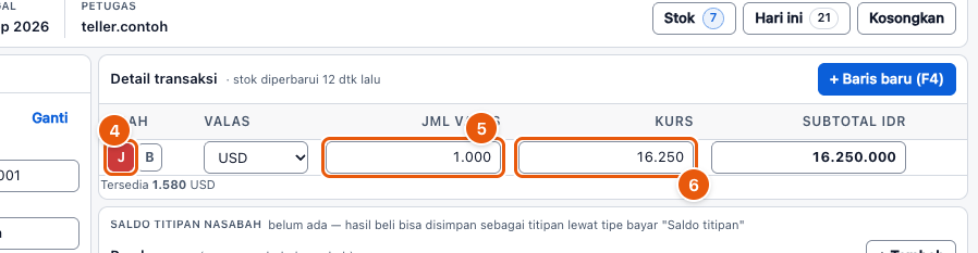 Tangkapan layar "Bikin nota jual valas" — angka bulat di gambar = nomor langkah 4, 5, 6
