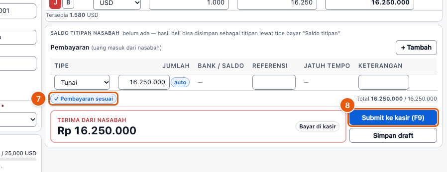 Tangkapan layar "Bikin nota jual valas" — angka bulat di gambar = nomor langkah 7, 8