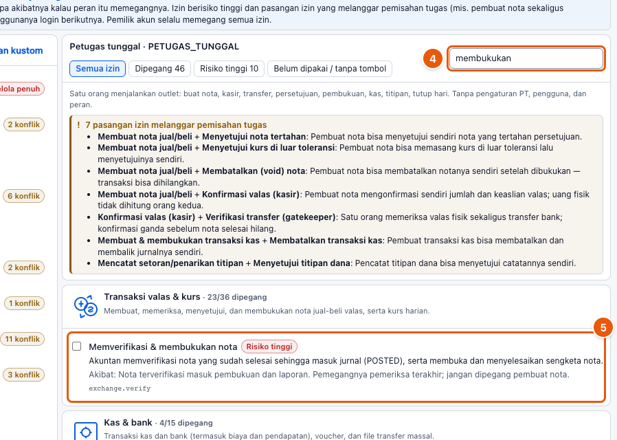 Tangkapan layar "Atur izin sebuah peran" — angka bulat di gambar = nomor langkah 4, 5