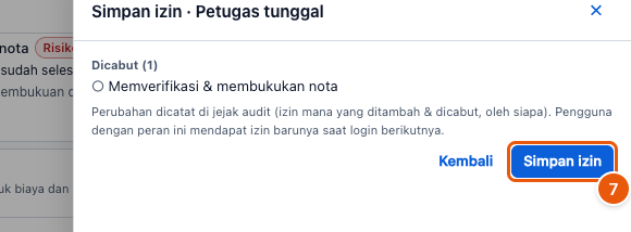 Tangkapan layar "Atur izin sebuah peran" — angka bulat di gambar = nomor langkah 7