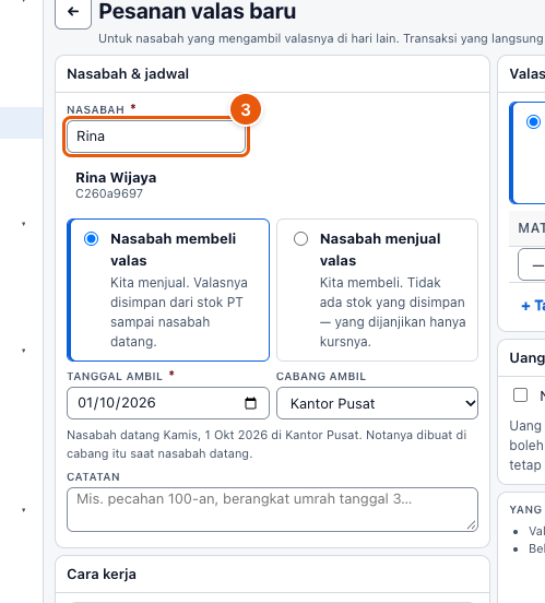 Tangkapan layar "Pesanan valas (diambil nanti)" — angka bulat di gambar = nomor langkah 3