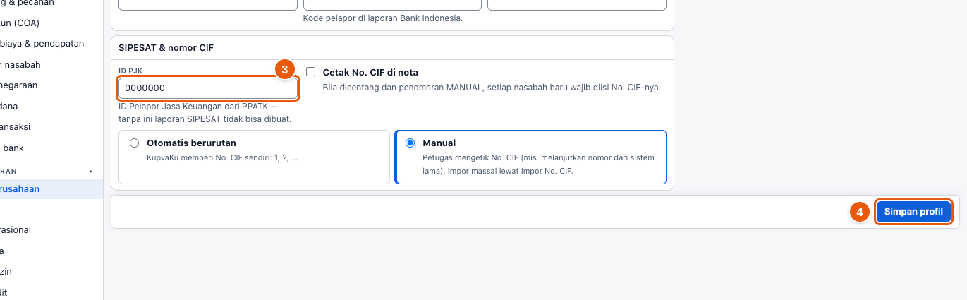 Tangkapan layar "Ubah profil perusahaan & modul PT" — angka bulat di gambar = nomor langkah 3, 4