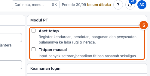 Tangkapan layar "Ubah profil perusahaan & modul PT" — angka bulat di gambar = nomor langkah 5