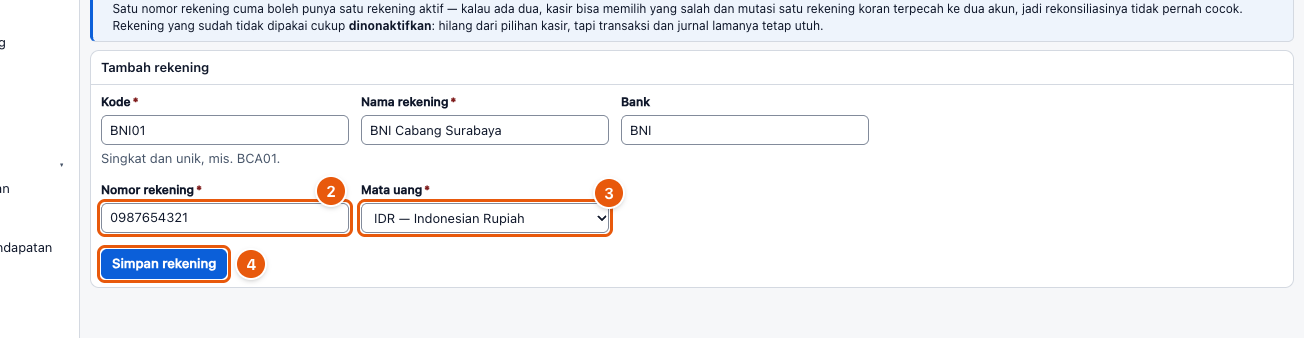 Tangkapan layar "Tambah rekening bank" — angka bulat di gambar = nomor langkah 2, 3, 4