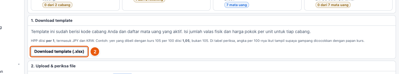 Tangkapan layar "Isi saldo awal valas dari Excel" — angka bulat di gambar = nomor langkah 2