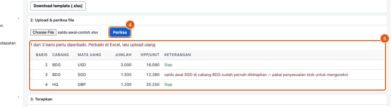Tangkapan layar "Isi saldo awal valas dari Excel" — angka bulat di gambar = nomor langkah 4, 5