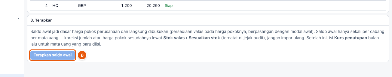 Tangkapan layar "Isi saldo awal valas dari Excel" — angka bulat di gambar = nomor langkah 6