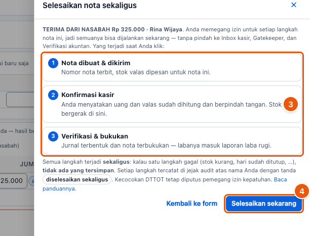 Tangkapan layar "Outlet satu orang: selesaikan nota sekaligus" — angka bulat di gambar = nomor langkah 3, 4