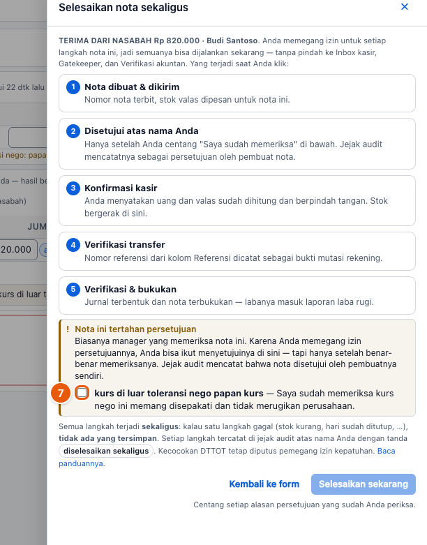 Tangkapan layar "Outlet satu orang: selesaikan nota sekaligus" — angka bulat di gambar = nomor langkah 7