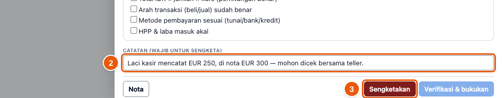 Tangkapan layar "Sengketakan nota yang tidak cocok" — angka bulat di gambar = nomor langkah 2, 3