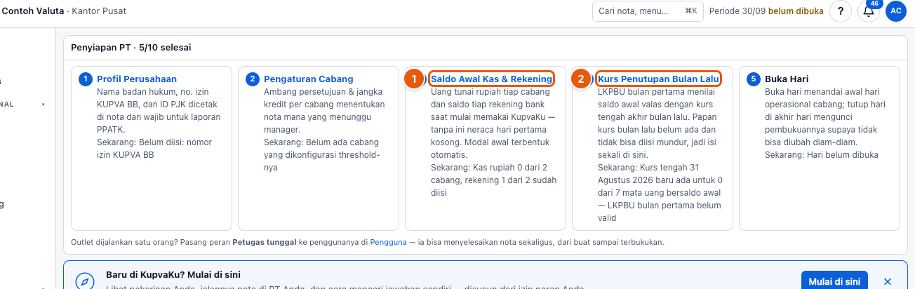 Tangkapan layar "Setup pertama: saldo awal kas, bank & kurs penutupan" — angka bulat di gambar = nomor langkah 1, 2