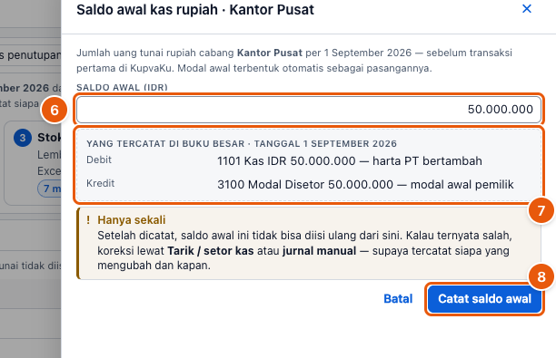 Tangkapan layar "Setup pertama: saldo awal kas, bank & kurs penutupan" — angka bulat di gambar = nomor langkah 6, 7, 8